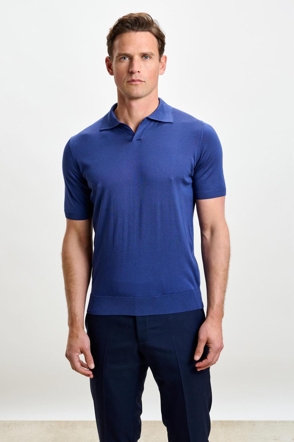 Medium Blue Silk Knitted Short Sleeve Open Collar Cawdor Polo Shirt
