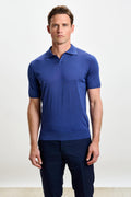 Medium Blue Silk Knitted Short Sleeve Open Collar Cawdor Polo Shirt