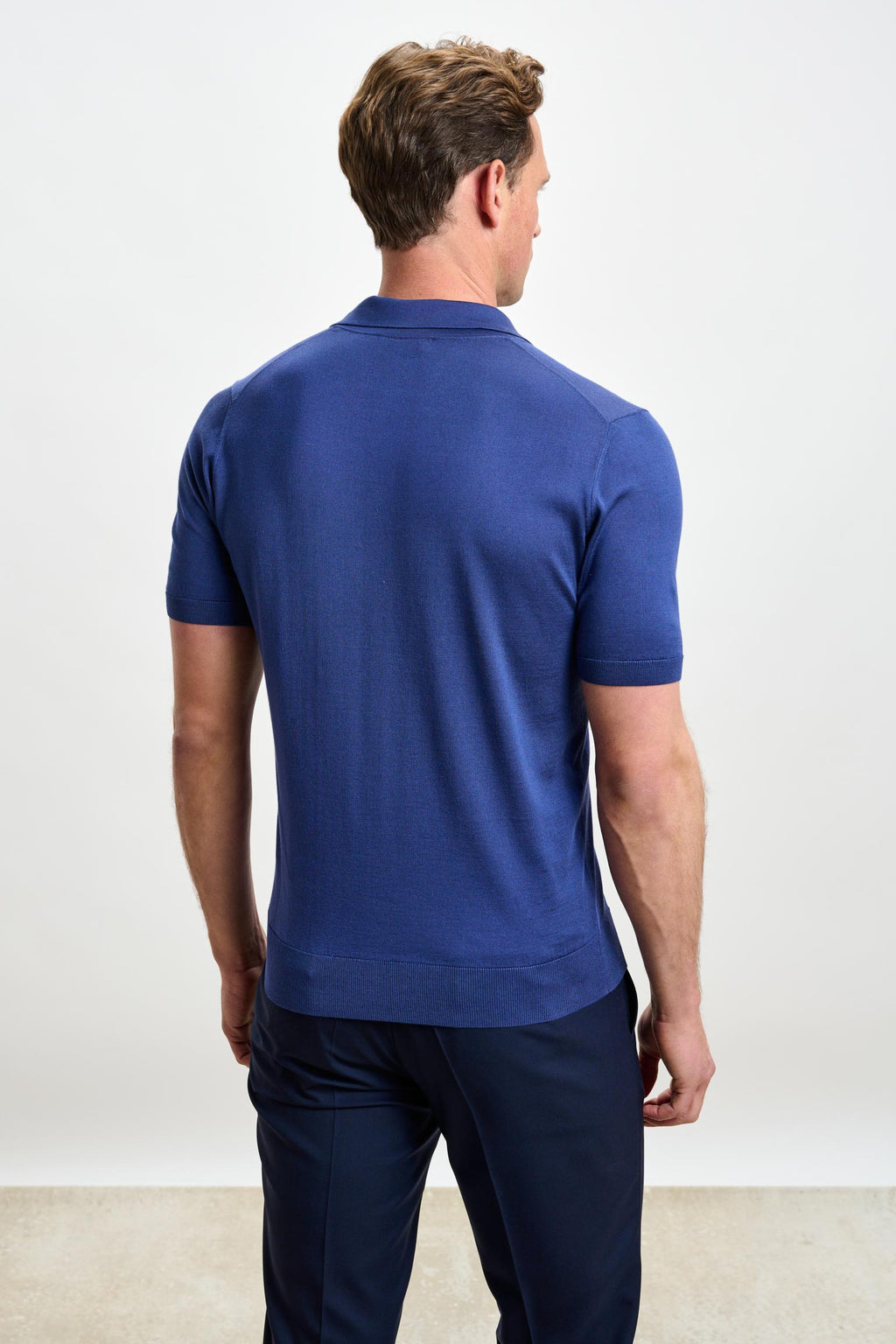 Medium Blue Silk Knitted Short Sleeve Open Collar Cawdor Polo Shirt — detail 3