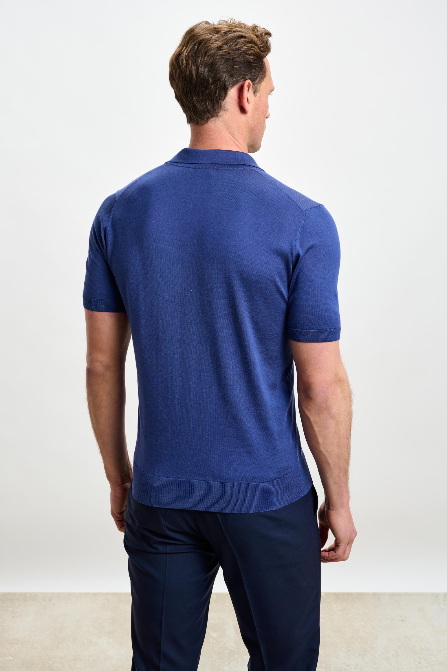 Medium Blue Silk Knitted Short Sleeve Open Collar Cawdor Polo Shirt — detail 3