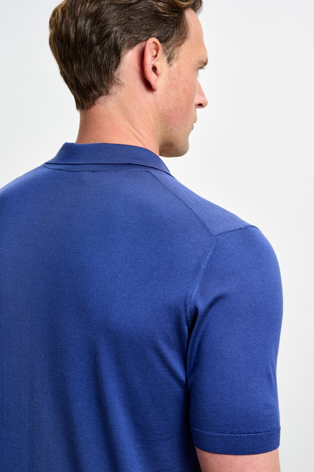 Medium Blue Silk Knitted Short Sleeve Open Collar Cawdor Polo Shirt — detail 4
