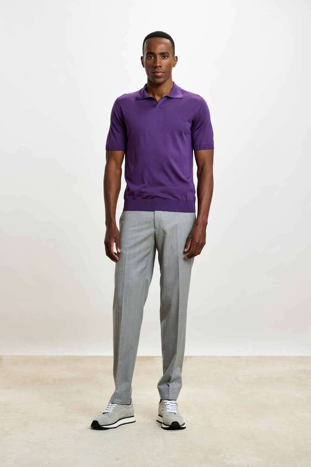 Violet Silk Knitted Short Sleeve Open Collar Cawdor Polo Shirt — detail 1