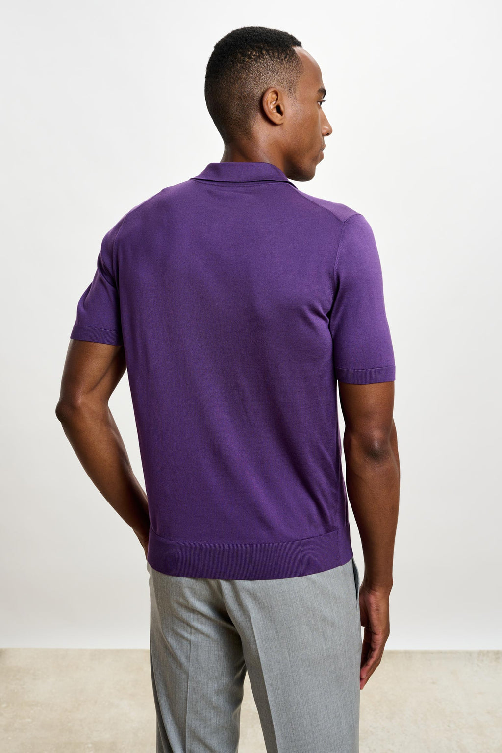 Violet Silk Knitted Short Sleeve Open Collar Cawdor Polo Shirt — detail 2