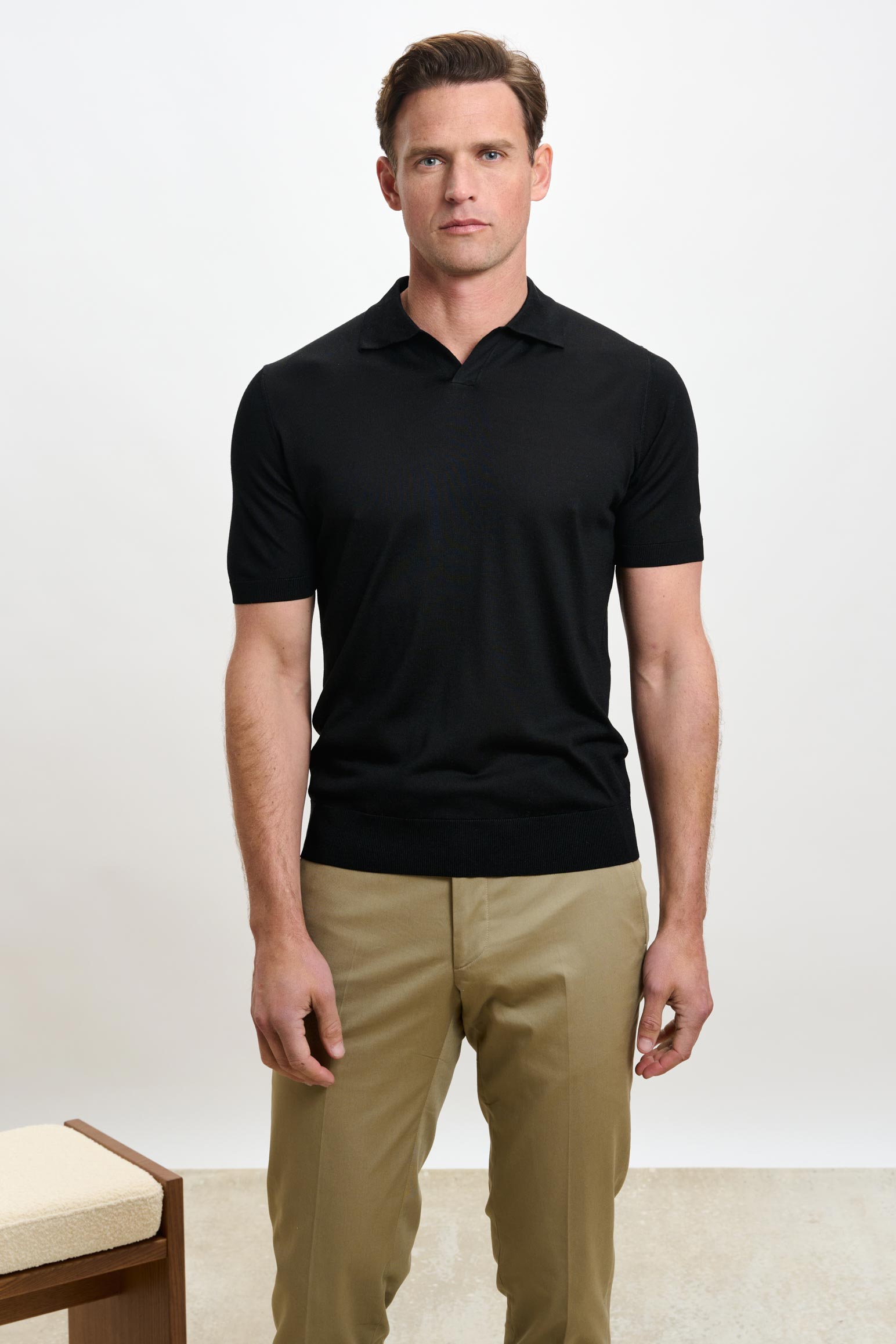 Black Silk Knitted Short Sleeve Open Collar Cawdor Polo Shirt