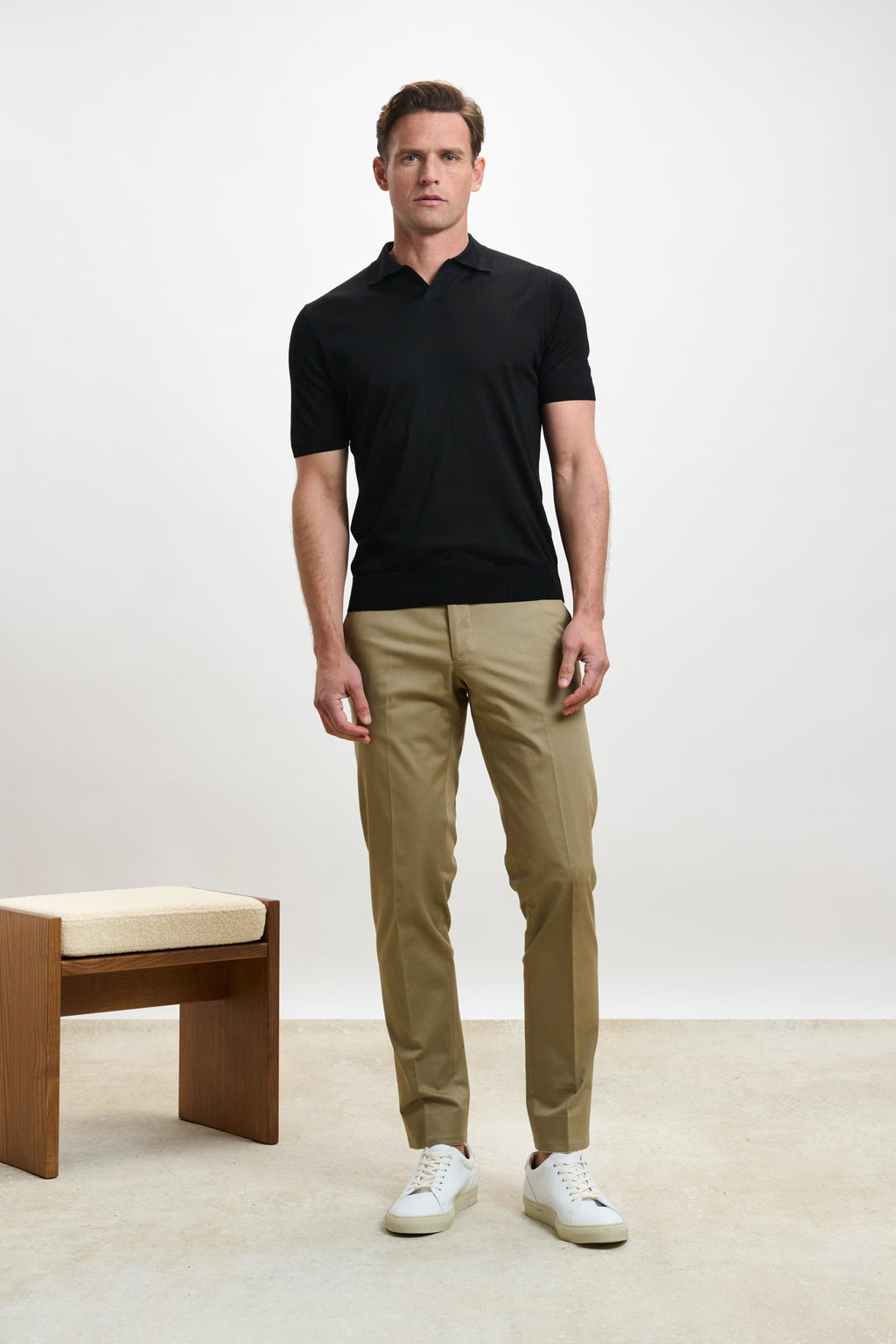Black Silk Knitted Short Sleeve Open Collar Cawdor Polo Shirt — detail 2