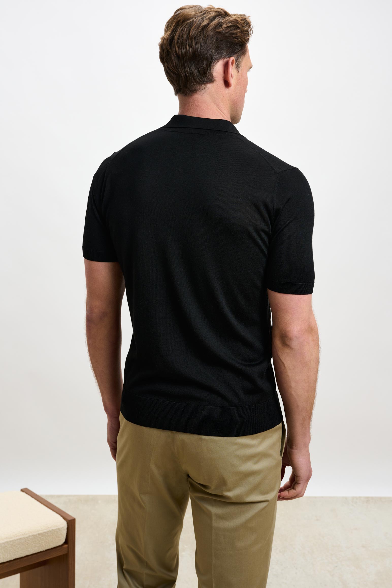 Black Silk Knitted Short Sleeve Open Collar Cawdor Polo Shirt — detail 3