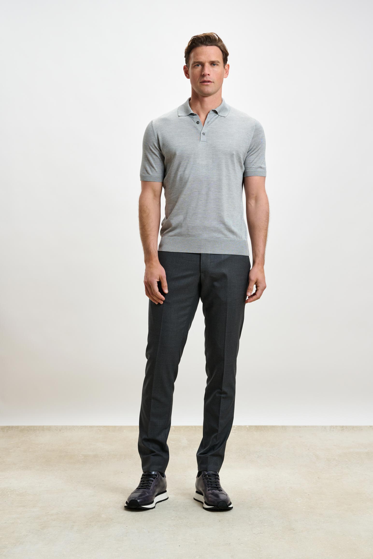 Dove Grey Silk Knitted Kendal Short Sleeve 3 Button Polo Shirt — detail 1