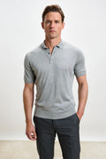 Dove Grey Silk Knitted Kendal Short Sleeve 3 Button Polo Shirt