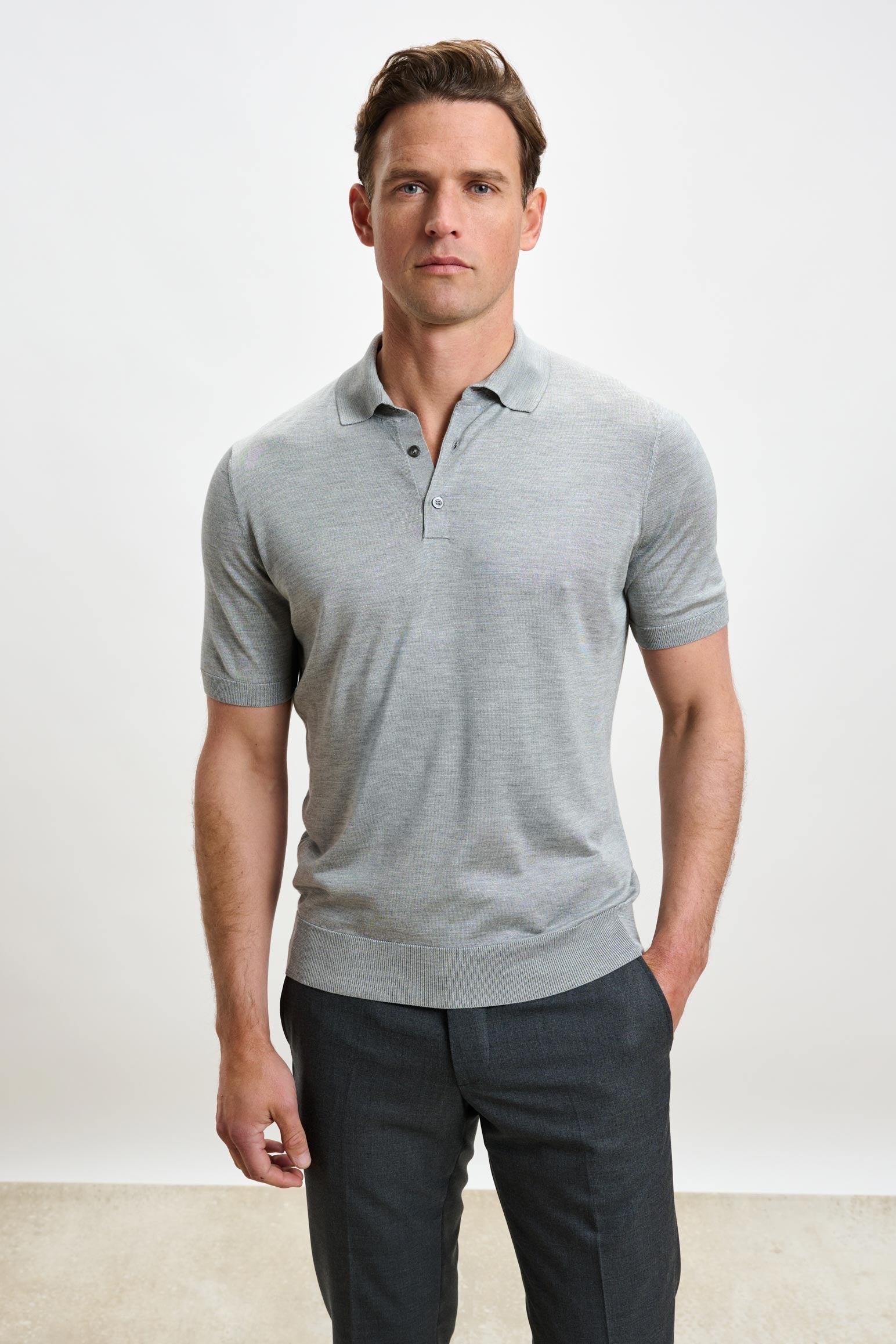 Dove Grey Silk Knitted Kendal Short Sleeve 3 Button Polo Shirt