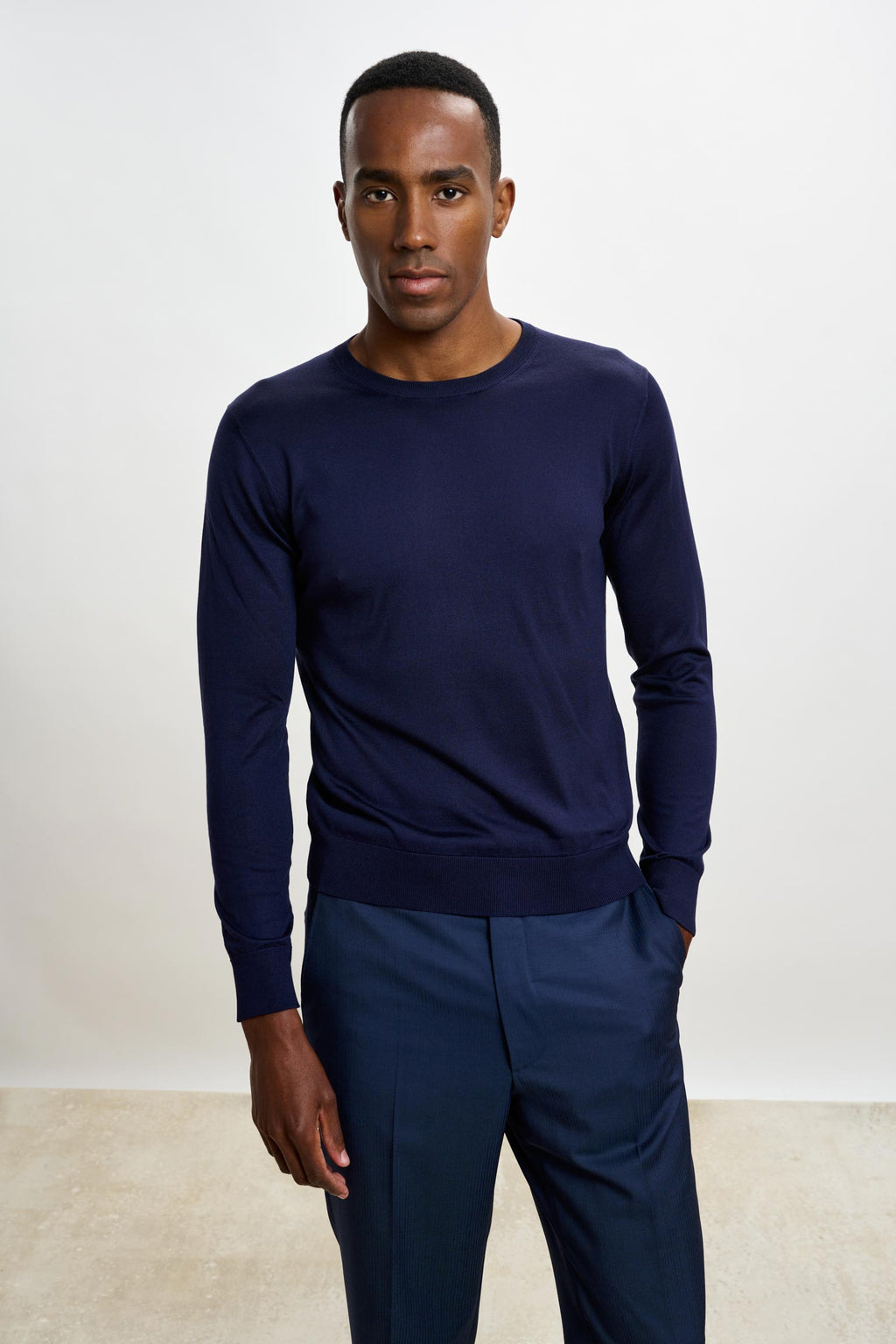 Navy Silk Crewe Long Sleeve Sweater