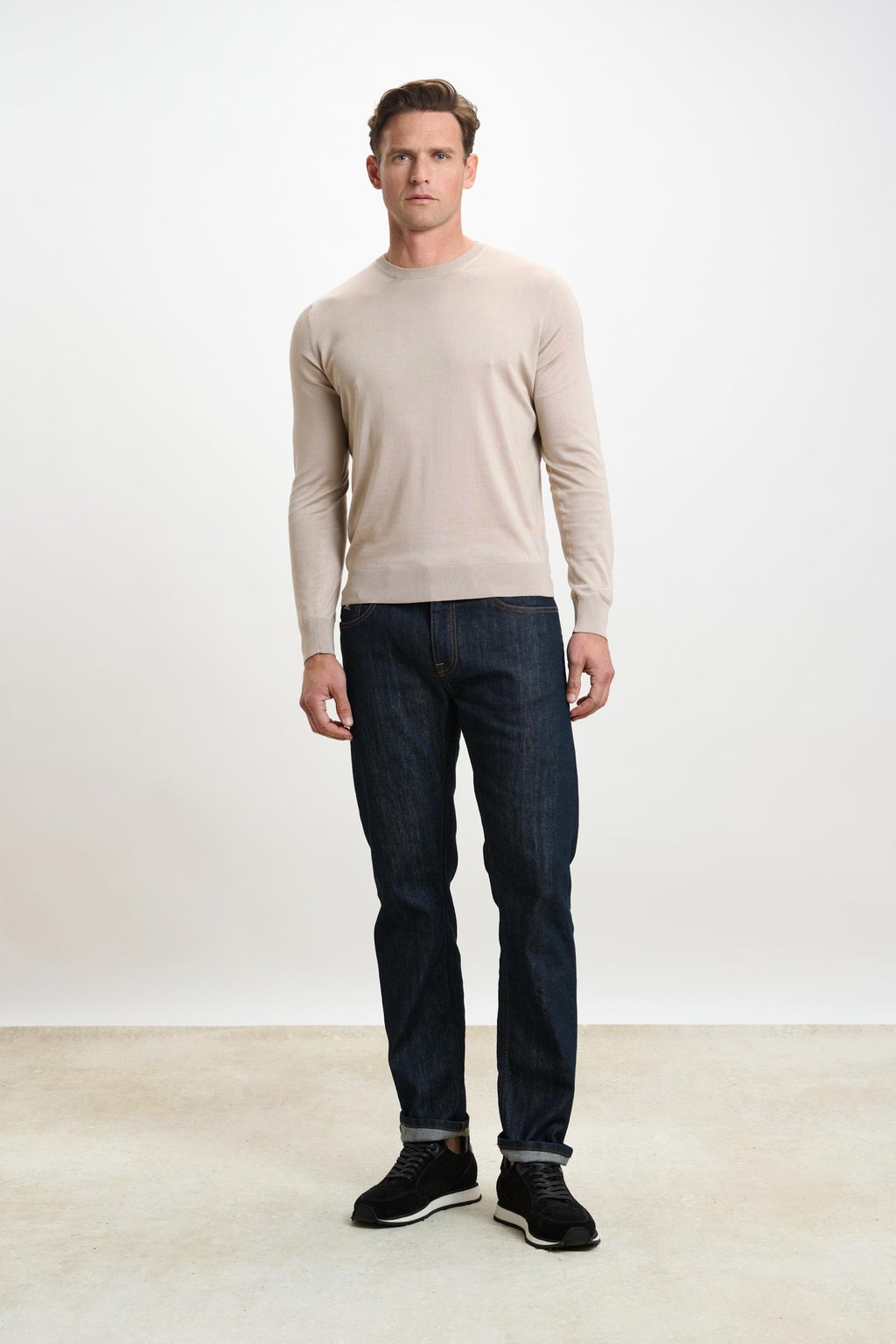 Beige Silk Crewe Long Sleeve Sweater — detail 1