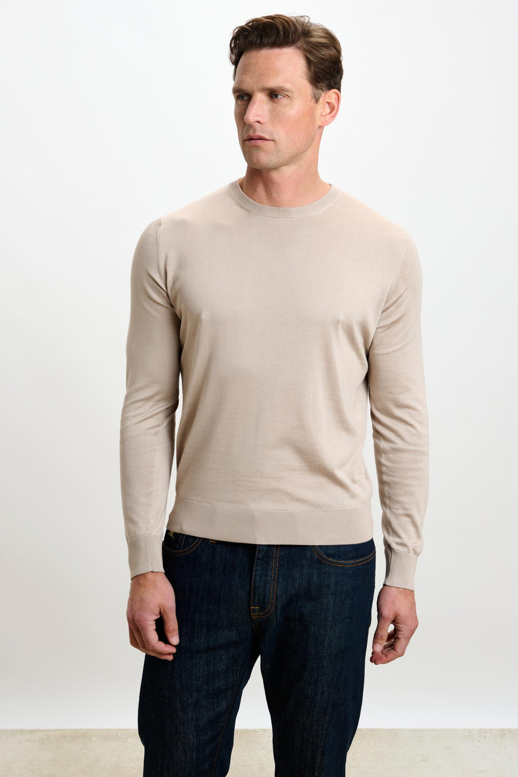 Beige Silk Crewe Long Sleeve Sweater