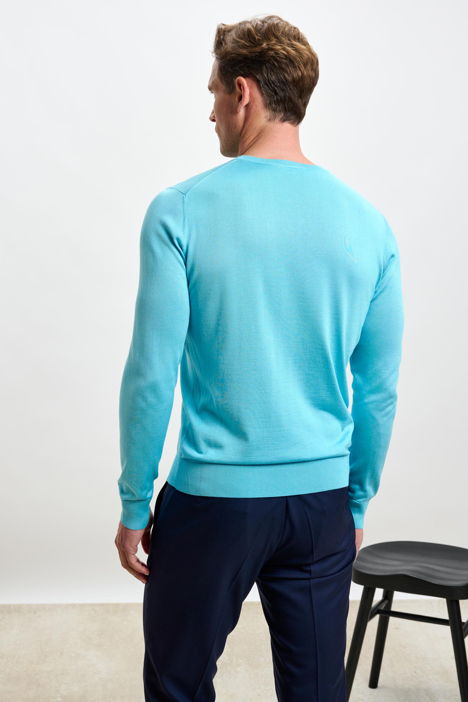Turquoise Blue Silk Crewe Long Sleeve Sweater — detail 1