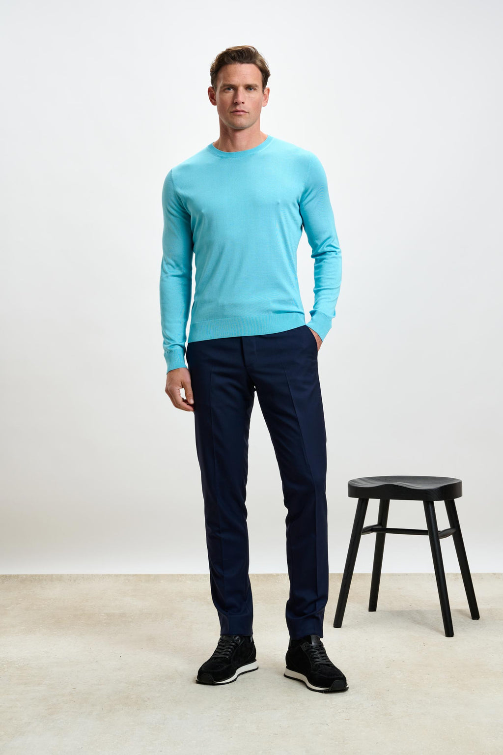 Turquoise Blue Silk Crewe Long Sleeve Sweater — detail 3