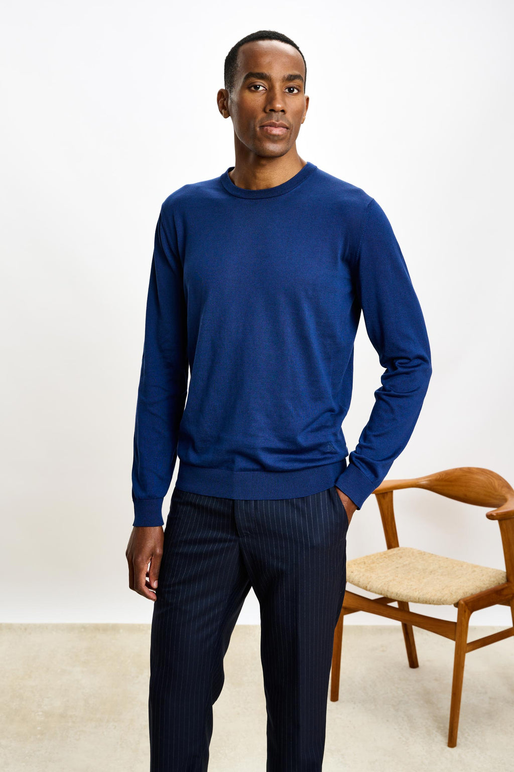 Ink Blue Silk Crewe Long Sleeve Sweater — detail 1