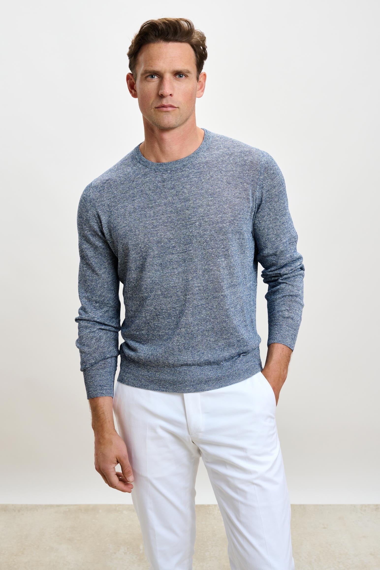 Navy Melange Linen & Cotton Contin Knitwear Crew