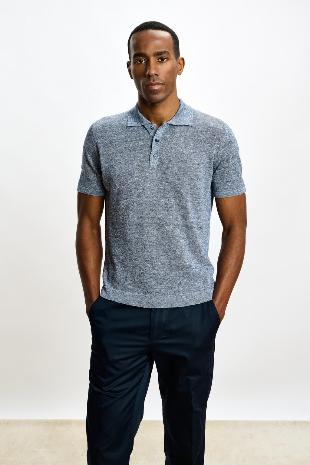 Navy Linen & Cotton Kelso Knitwear Polo — detail 1