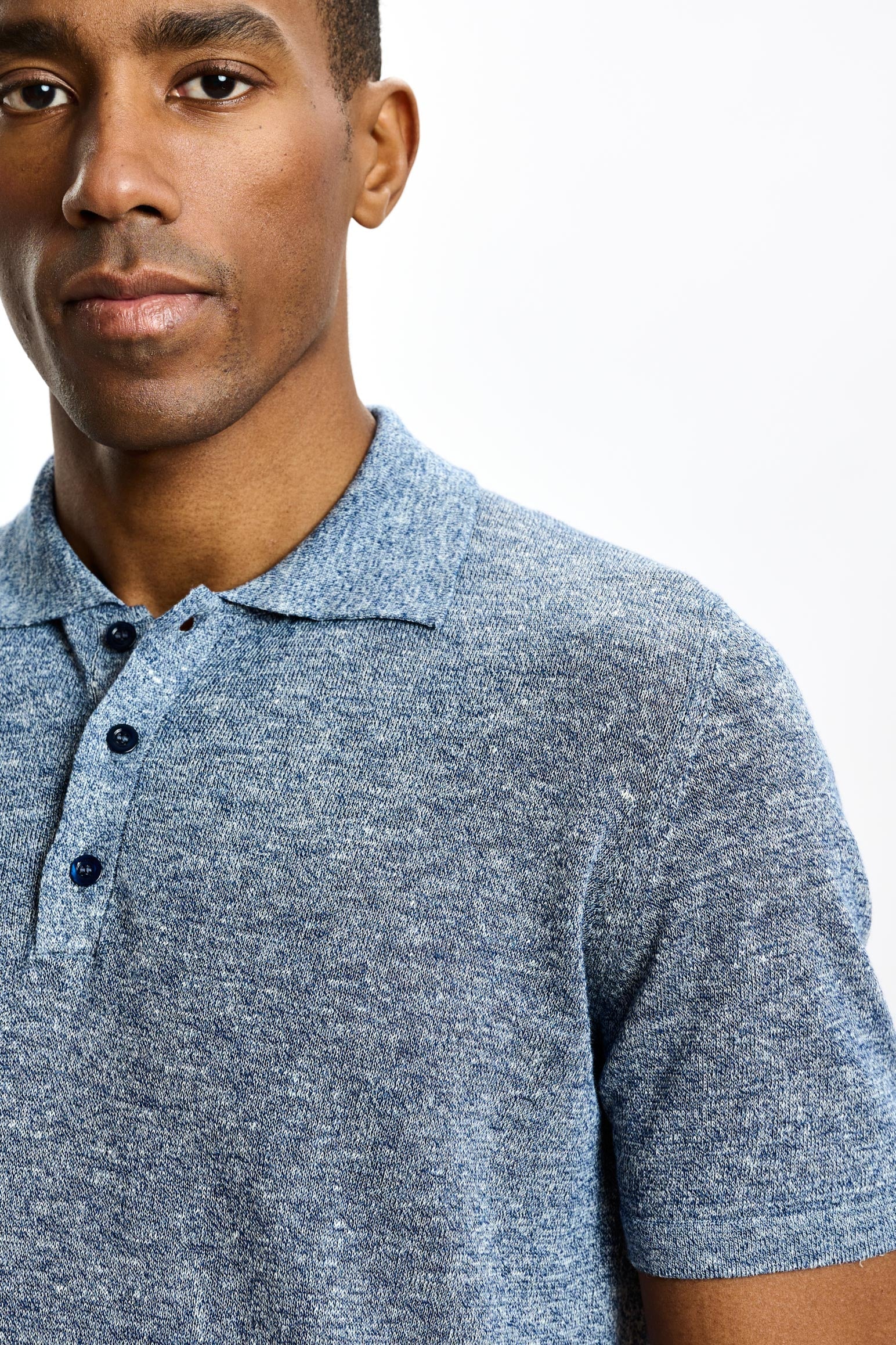 Navy Linen & Cotton Kelso Knitwear Polo — detail 2
