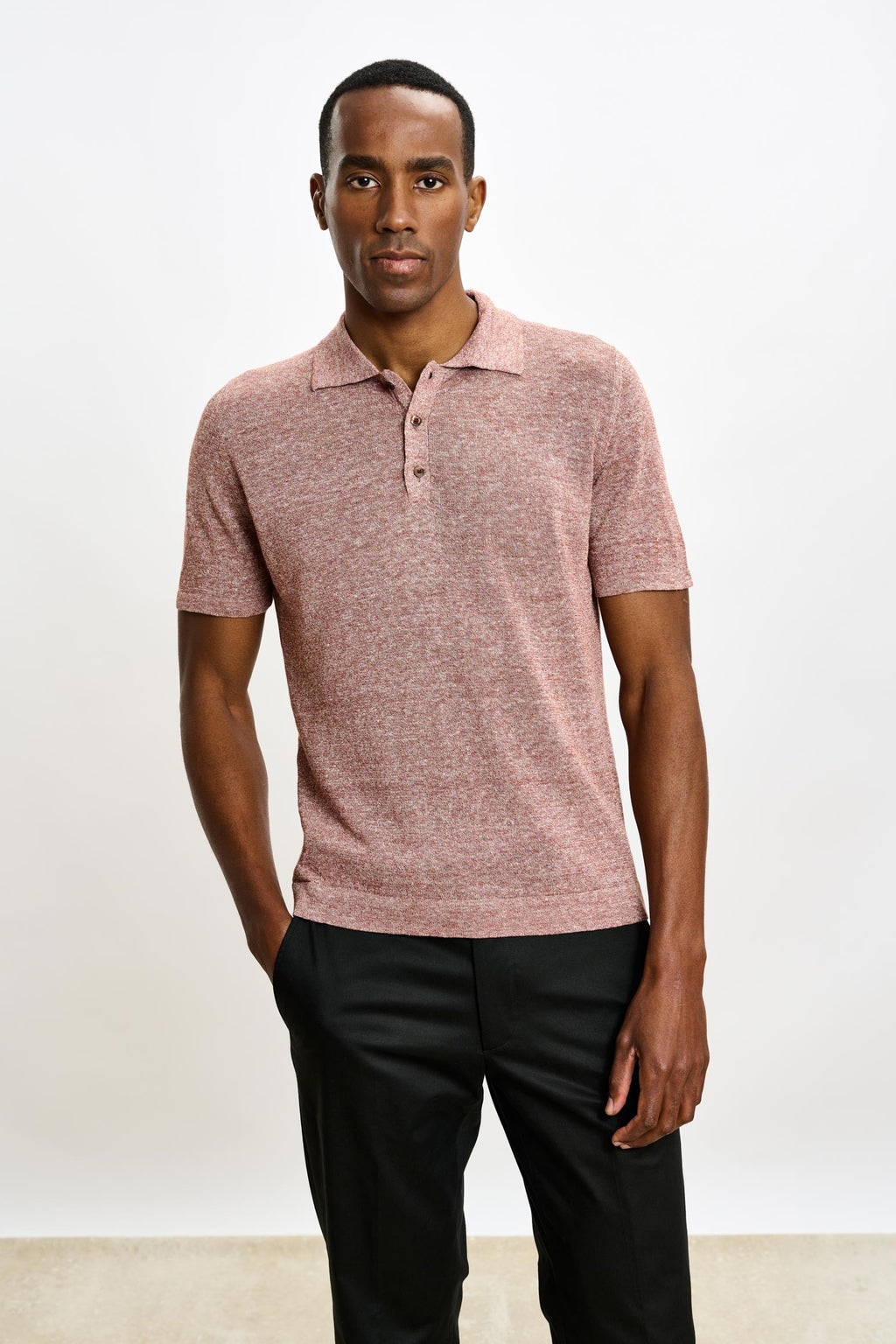 Rust Melange Linen & Cotton Kelso Knitwear Polo — detail 1