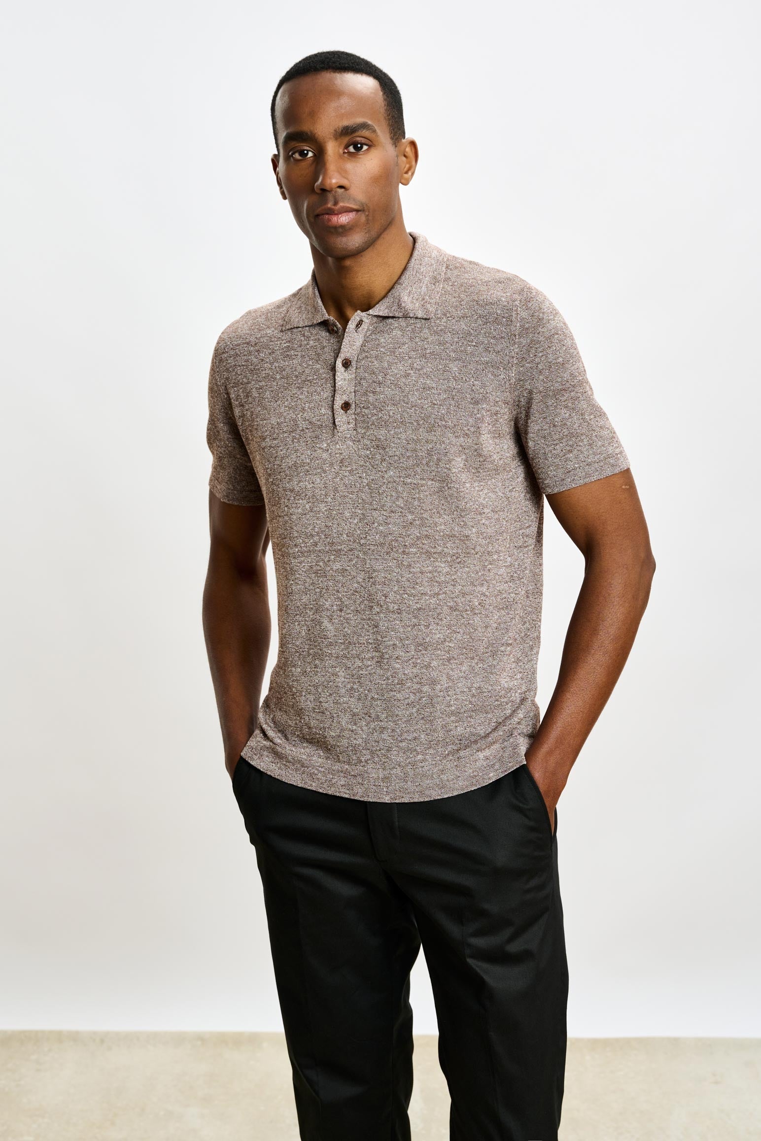 Brown Linen & Cotton Kelso Knitwear Polo — detail 1