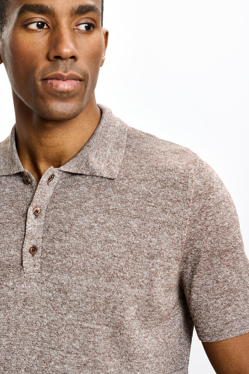 Brown Linen & Cotton Kelso Knitwear Polo — detail 2