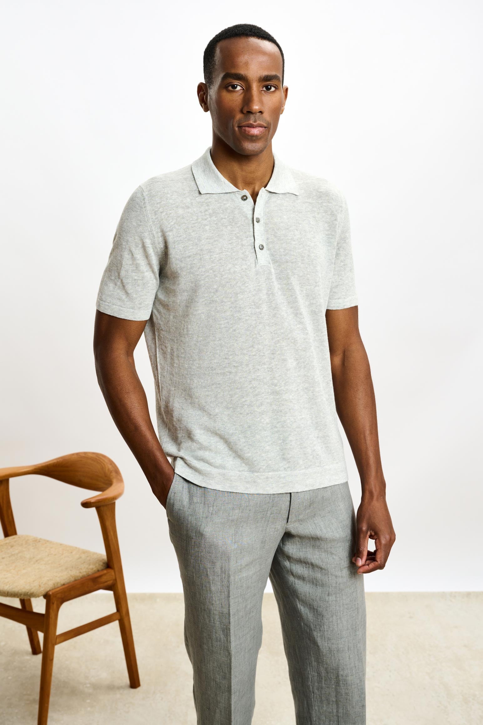 Navy Grey Linen & Cotton Kelso Knitwear Polo — detail 1