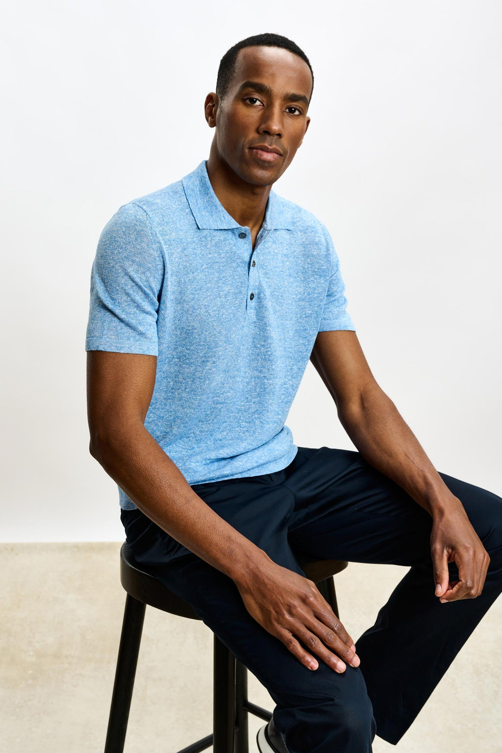 Cerulean Melange Linen & Cotton Kelso Knitwear Polo — detail 4