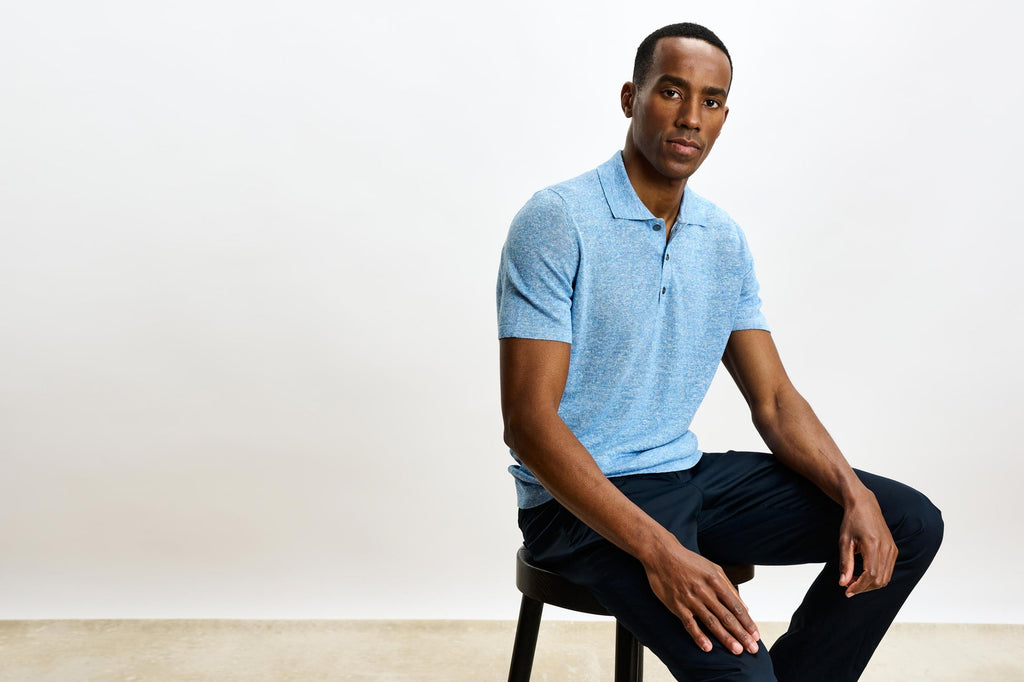 Cerulean Melange Linen & Cotton Kelso Knitwear Polo — detail 5
