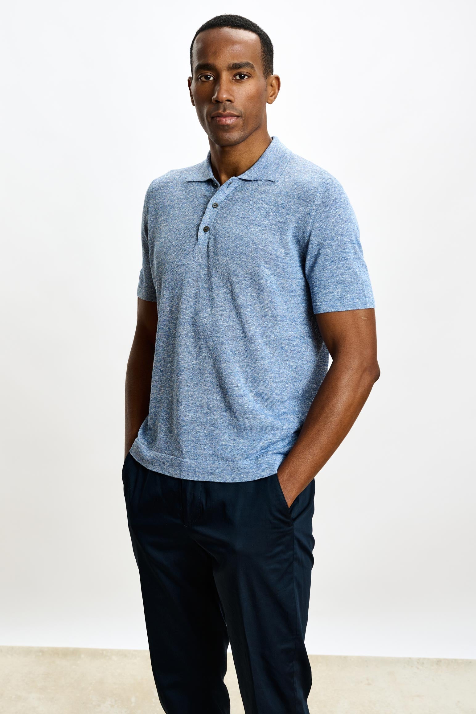 Blue Linen & Cotton Kelso Knitwear Polo — detail 1