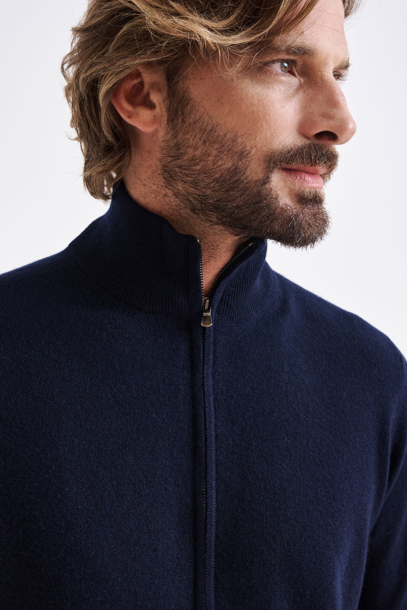 Navy Wool & Cashmere Thurso Full Zip Sweater — detail 1