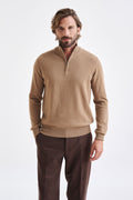 Camel Wool & Cashmere Plockton Zipped Mock Neck Sweater