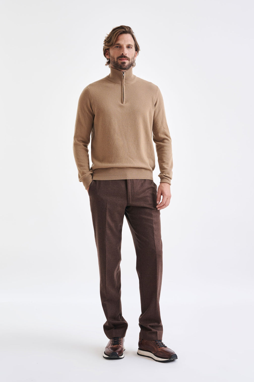 Camel Wool & Cashmere Plockton Zipped Mock Neck Sweater — detail 2