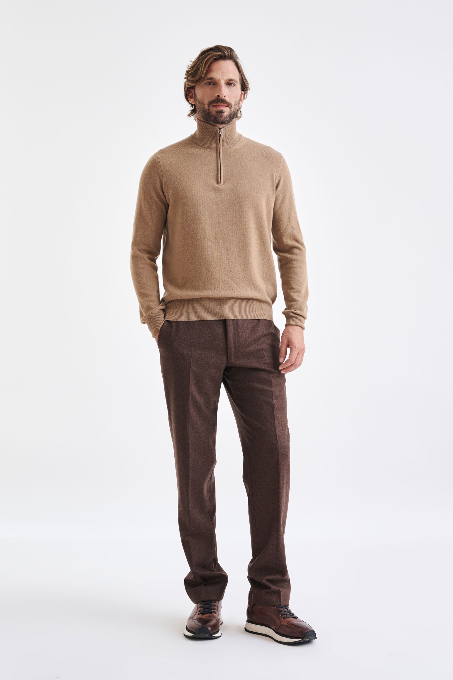 Camel Wool & Cashmere Plockton Zipped Mock Neck Sweater — detail 2