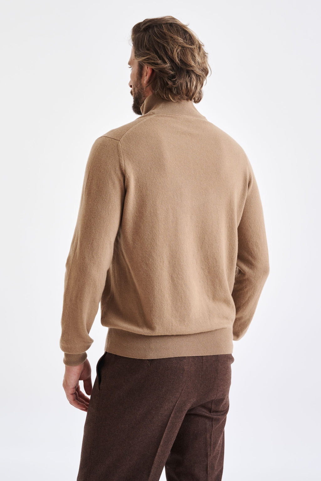 Camel Wool & Cashmere Plockton Zipped Mock Neck Sweater — detail 3