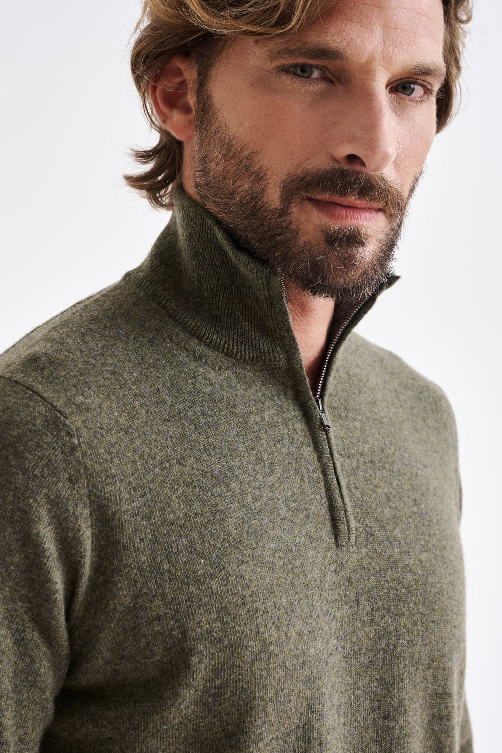 Moss Wool & Cashmere Plockton Zipped Mock Neck Sweater — detail 1