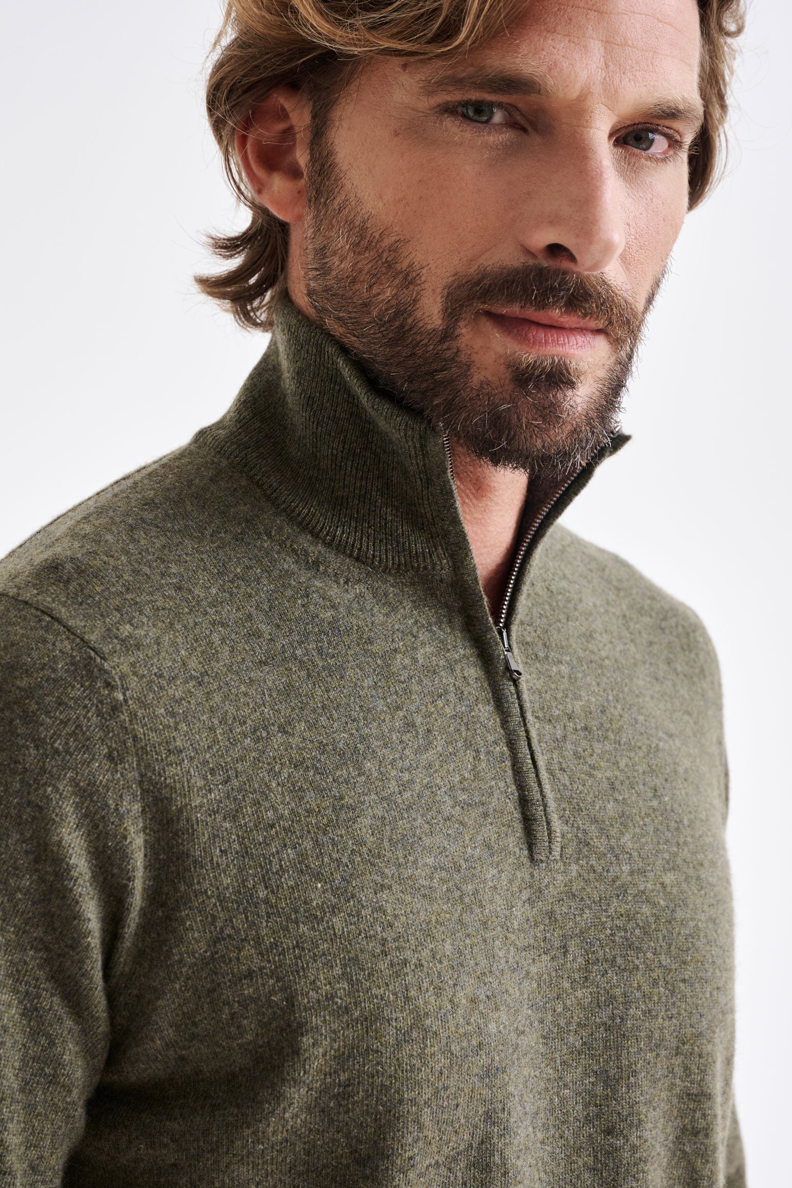 Moss Wool & Cashmere Plockton Zipped Mock Neck Sweater — detail 1
