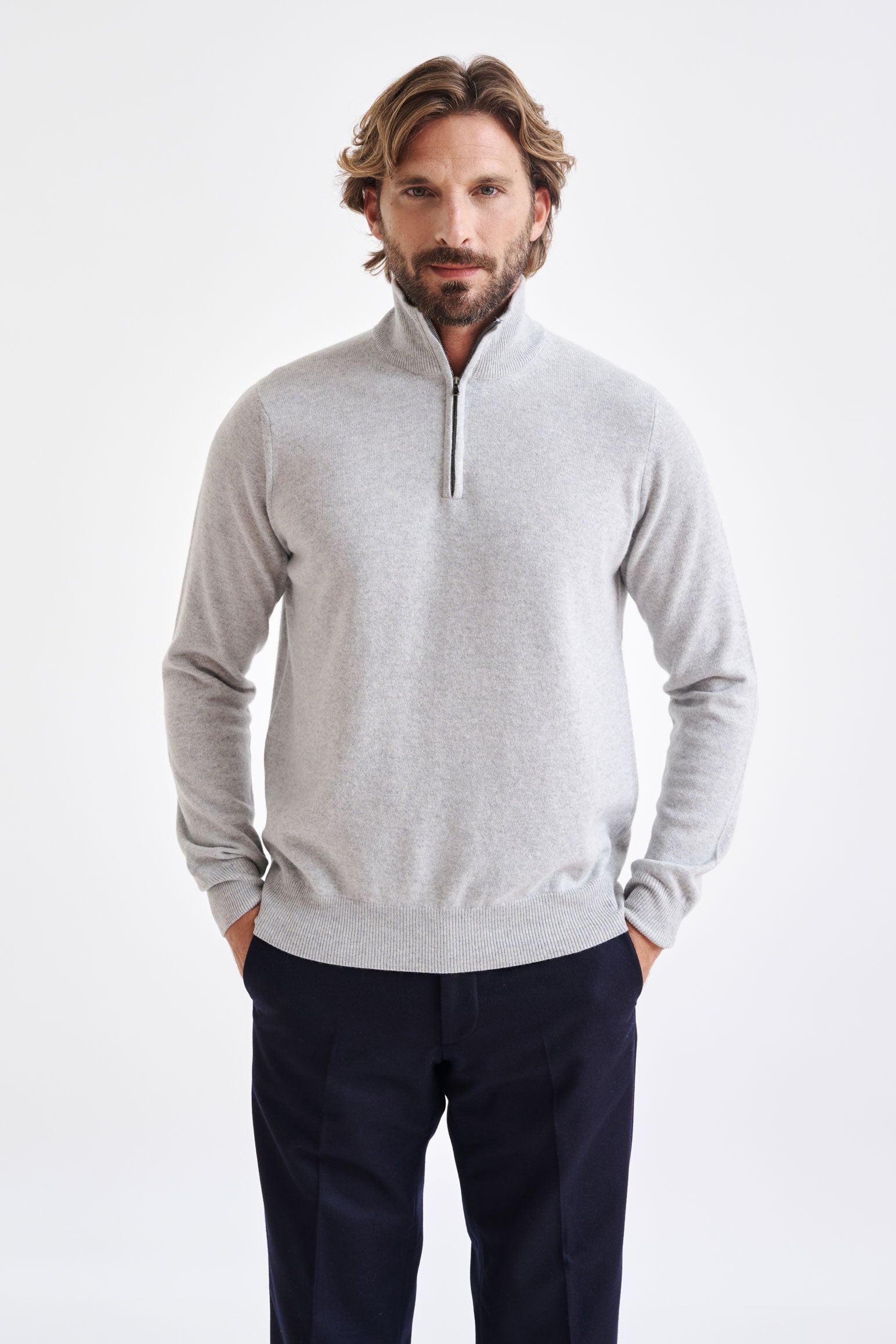 Light Grey Melange Wool & Cashmere Plockton Zipped Mock Neck Sweater