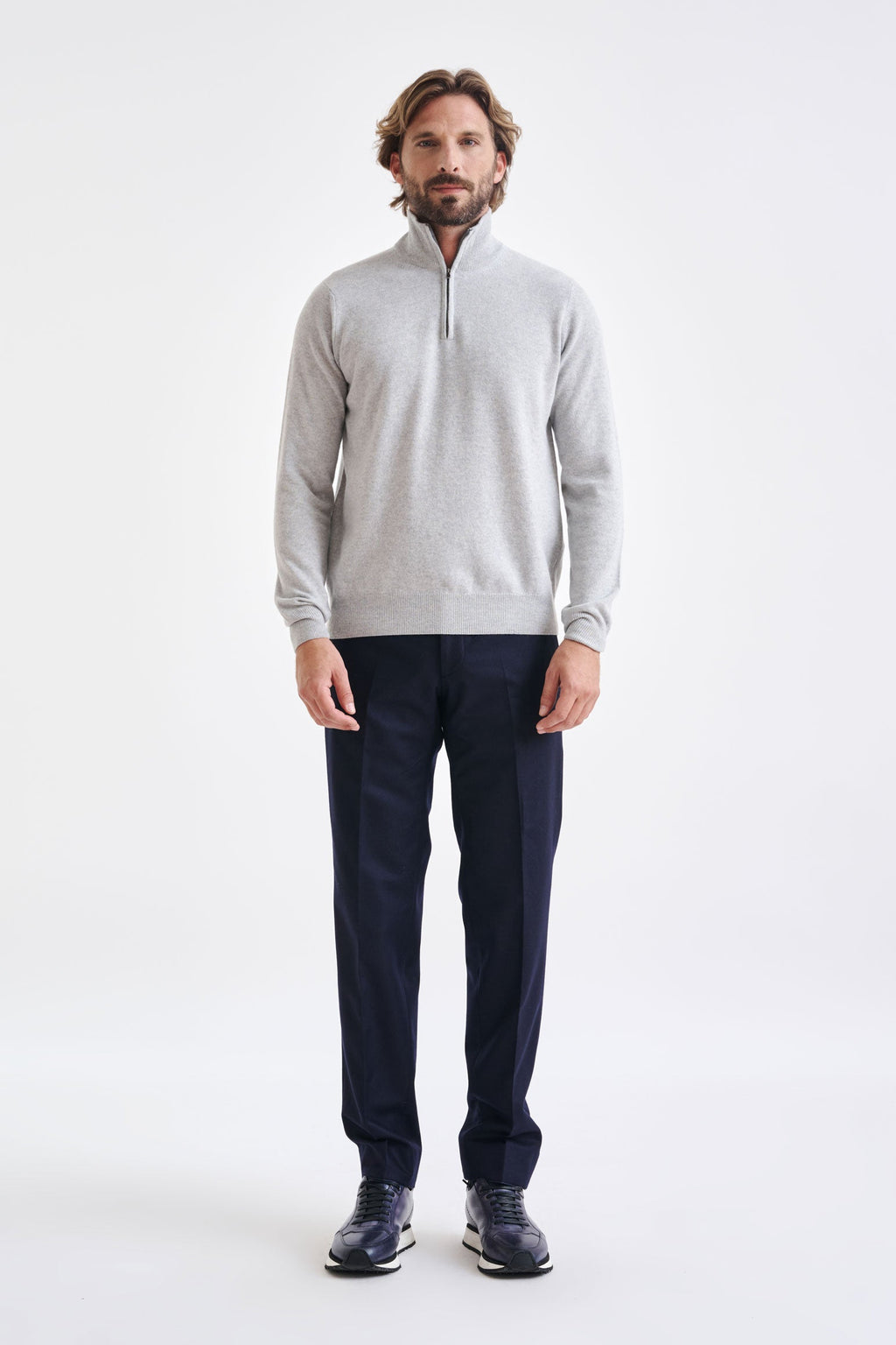 Light Grey Melange Wool & Cashmere Plockton Zipped Mock Neck Sweater — detail 2