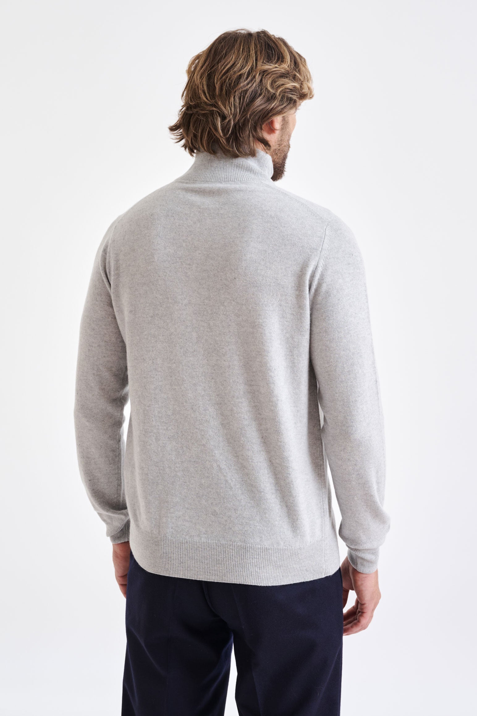 Light Grey Melange Wool & Cashmere Plockton Zipped Mock Neck Sweater — detail 3