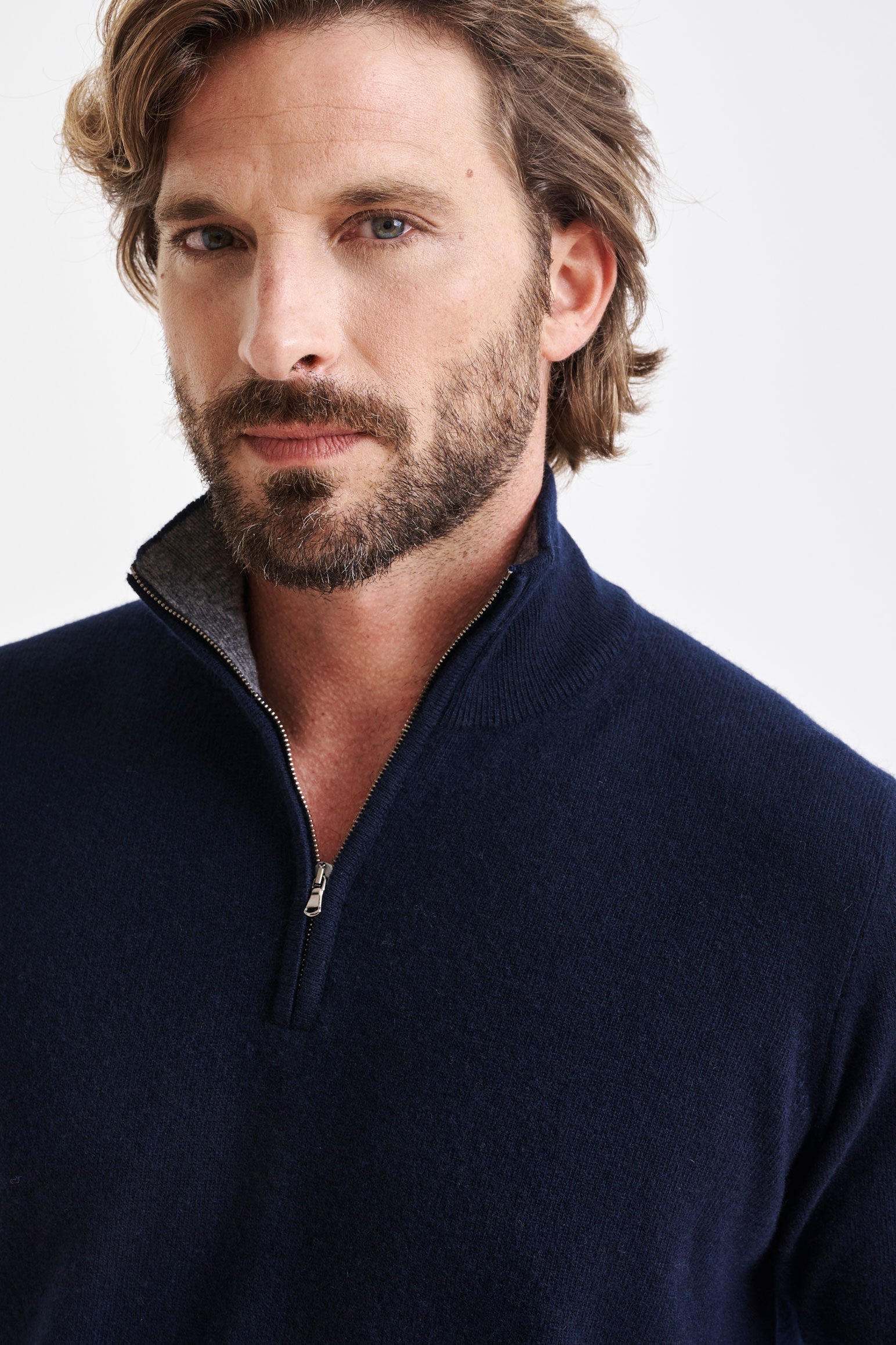 Navy Wool & Cashmere Plockton Zipped Mock Neck Sweater — detail 1