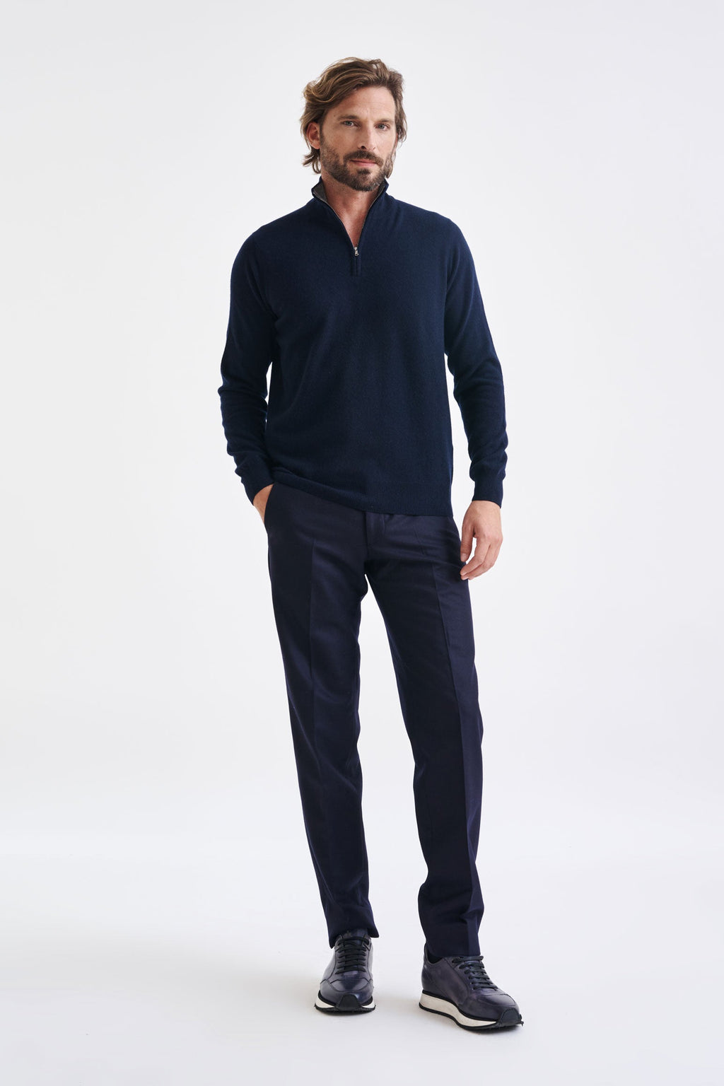 Navy Wool & Cashmere Plockton Zipped Mock Neck Sweater — detail 2