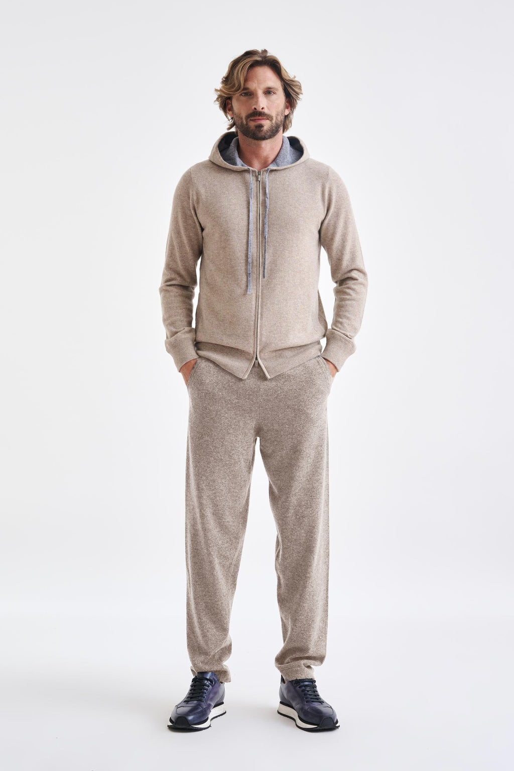 Sand Melange 100% Cashmere Fowey Zipped Hoodie Knit — detail 1