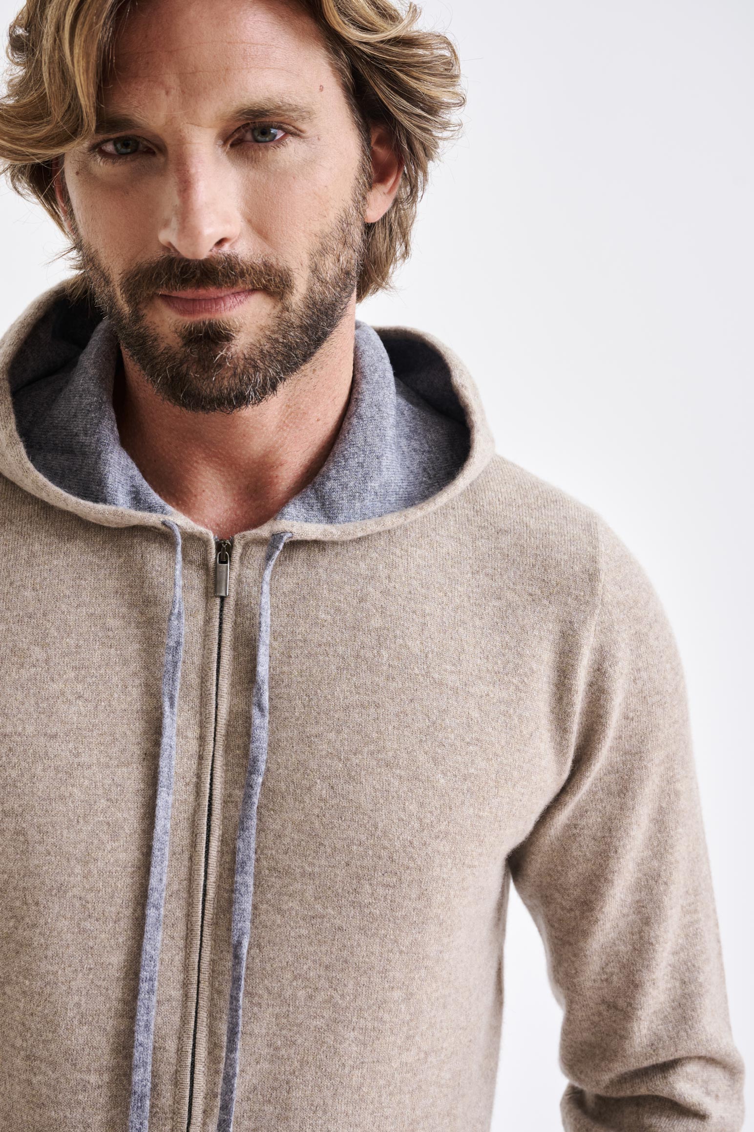 Sand Melange 100% Cashmere Fowey Zipped Hoodie Knit — detail 2