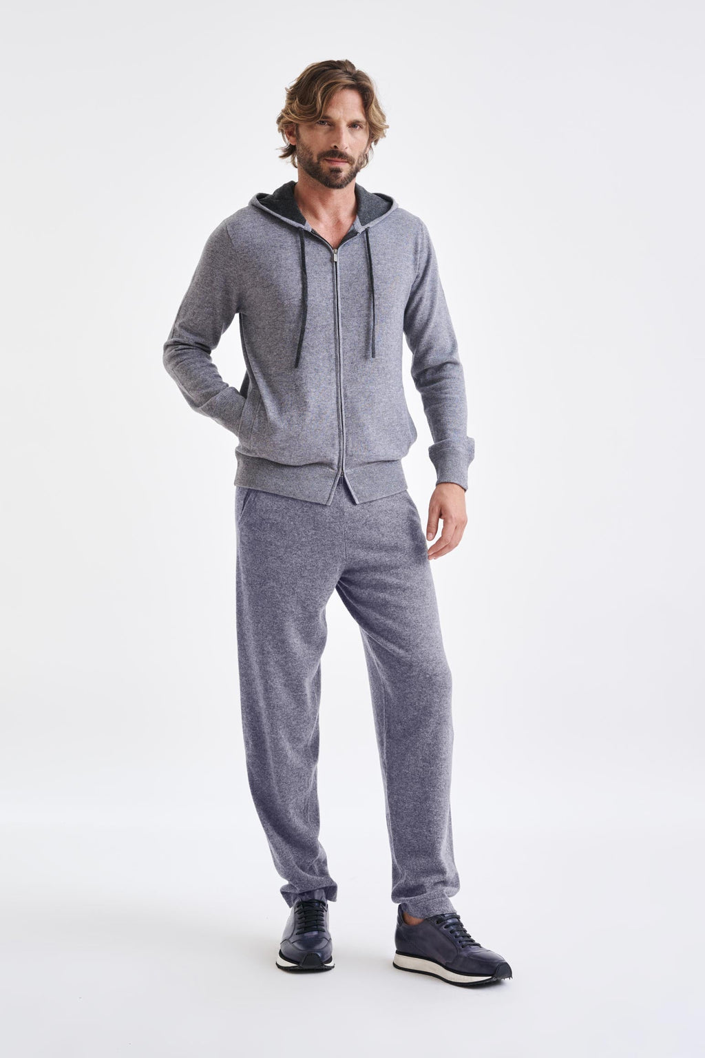 Grey Melange 100% Cashmere Fowey Zipped Hoodie Knit — detail 1