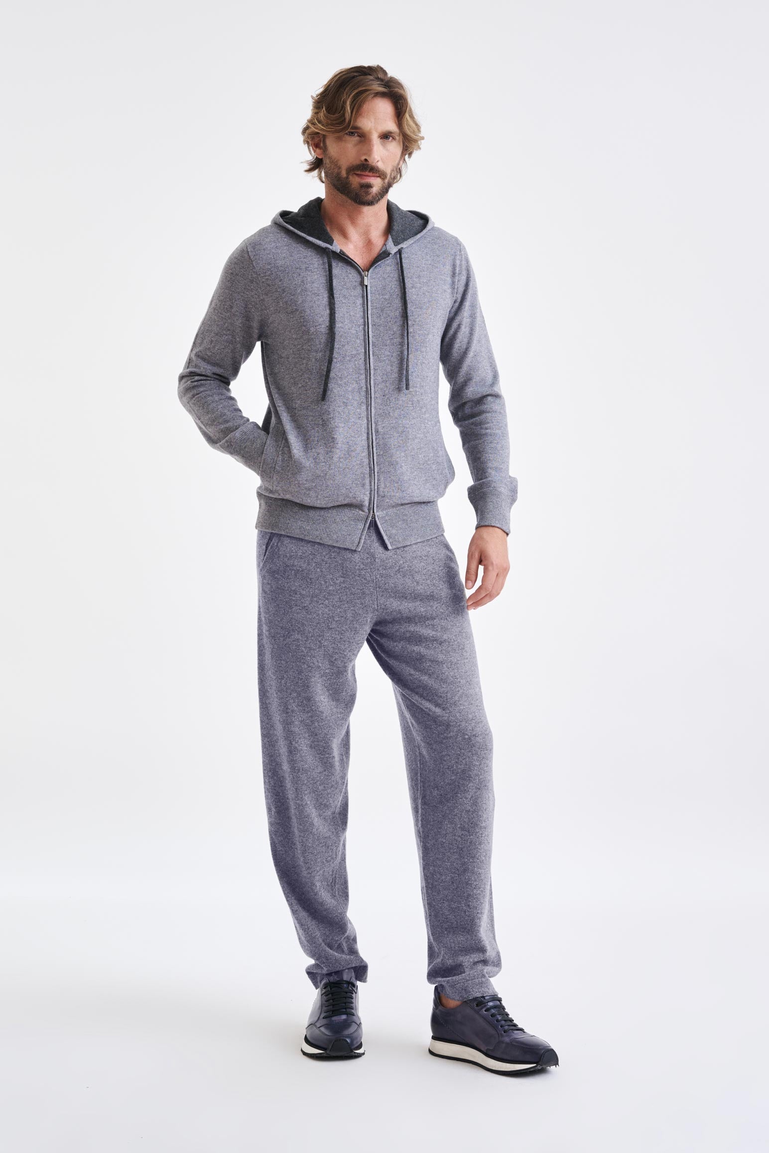 Grey Melange 100% Cashmere Fowey Zipped Hoodie Knit — detail 1