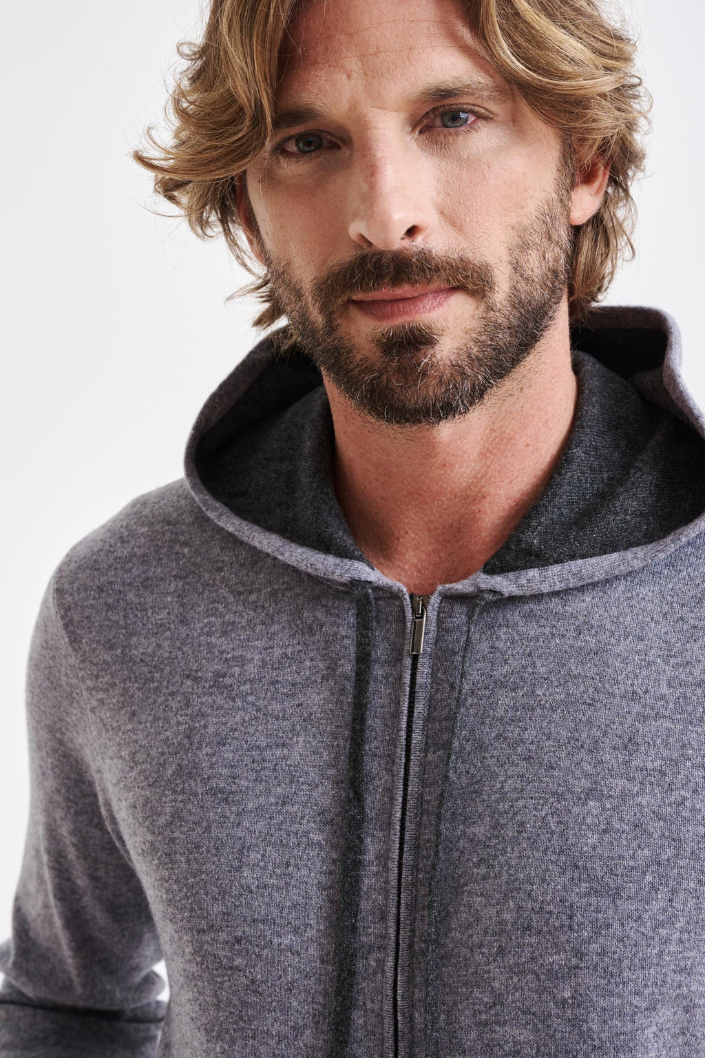 Grey Melange 100% Cashmere Fowey Zipped Hoodie Knit — detail 2