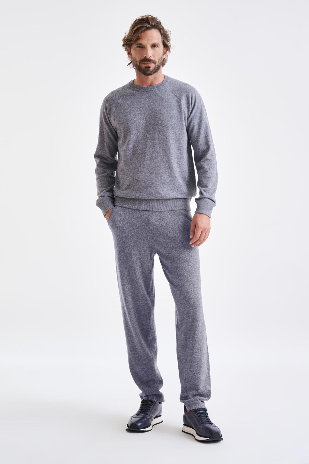 Mid-Grey Melange 100% Cashmere Whitby Crewneck Sweater — detail 1