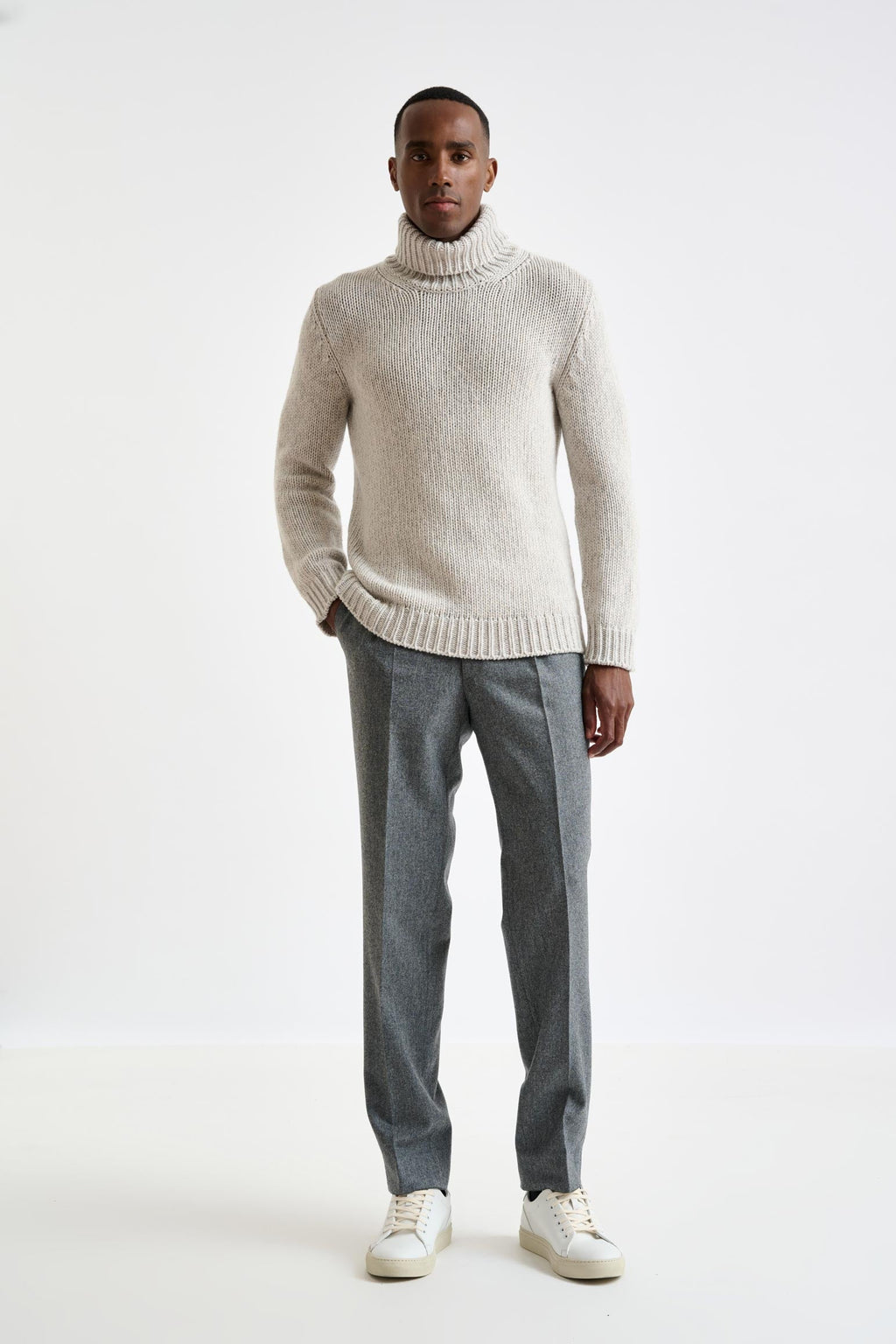 Beige Melange Chunky Wool & Cashmere Mouline Banbury Rollneck Sweater — detail 1