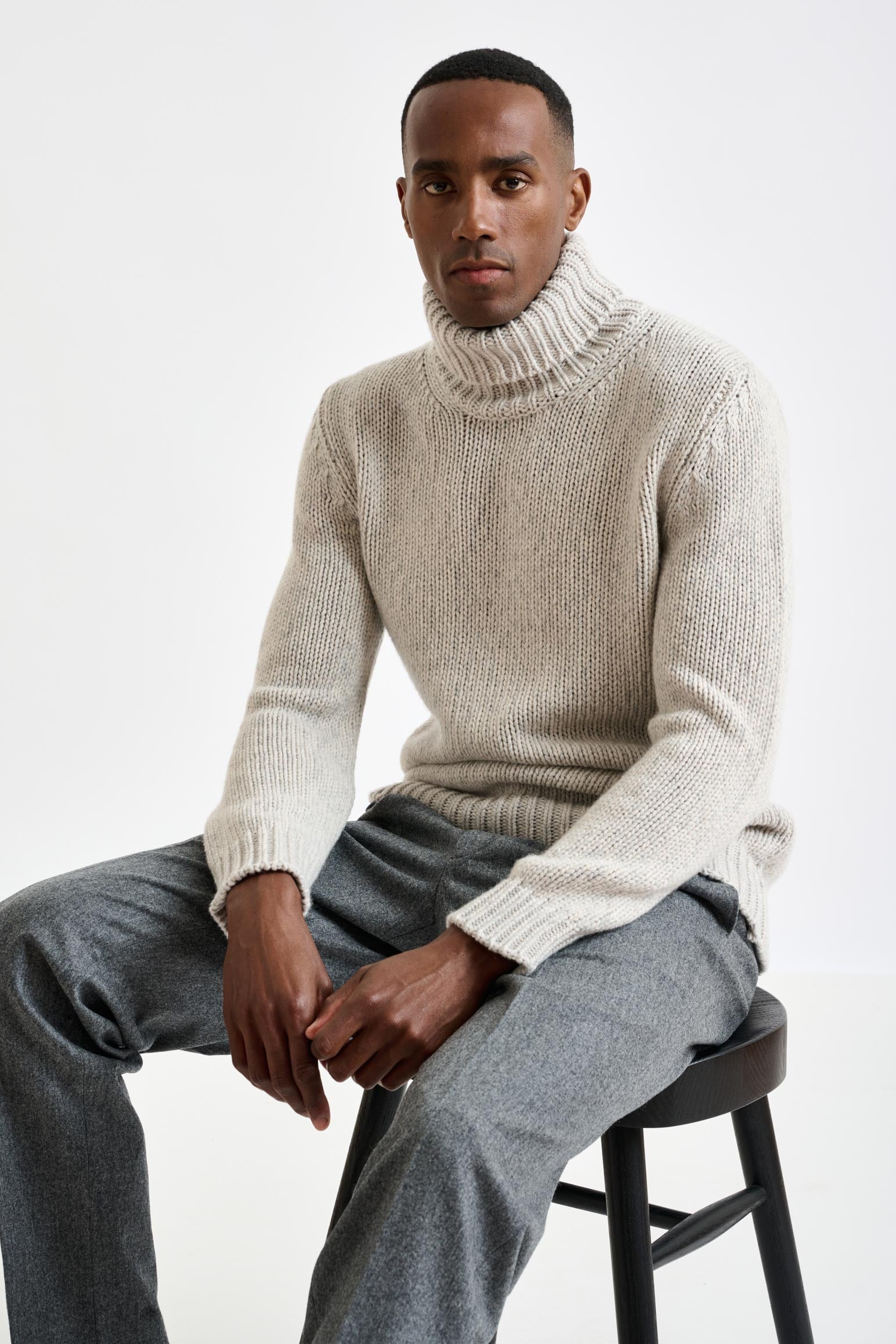 Beige Melange Chunky Wool & Cashmere Mouline Banbury Rollneck Sweater — detail 4