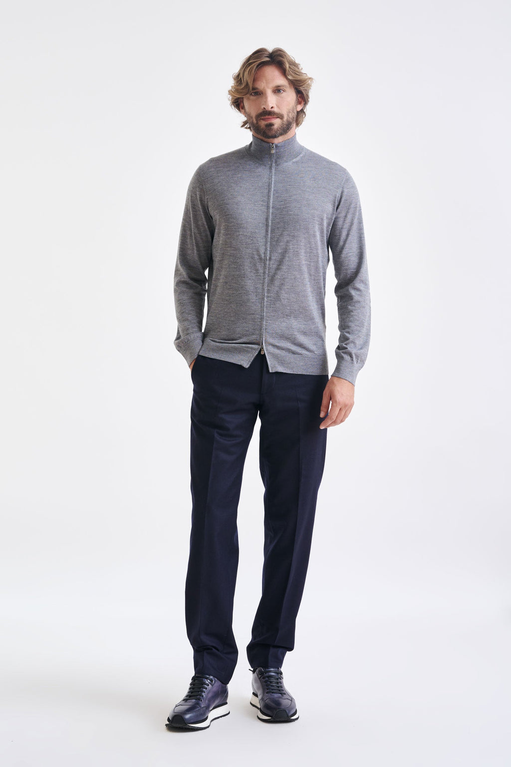 Mid-Grey Melange Cashmere & Silk Repton Fullzip Sweater — detail 2
